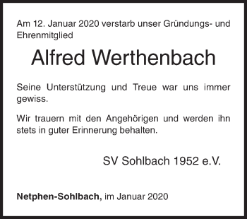 Traueranzeige von Alfred Werthenbach von Siegener Zeitung