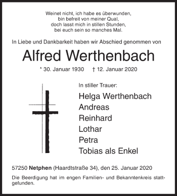 Traueranzeige von Alfred Werthenbach von Siegener Zeitung