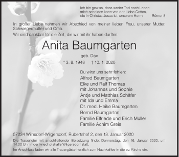 Traueranzeige von Anita Baumgarten von Siegener Zeitung