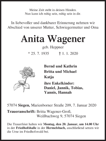 Traueranzeige von Anita Wagener von Siegener Zeitung