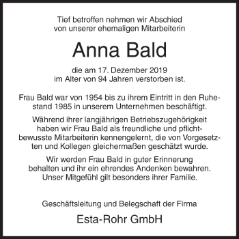 Traueranzeige von Anna Bald von Siegener Zeitung