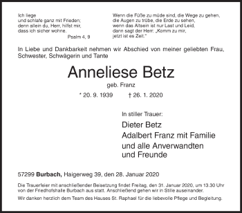 Traueranzeige von Anneliese Betz von Siegener Zeitung