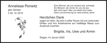 Traueranzeige von Anneliese Ponwitz von Siegener Zeitung