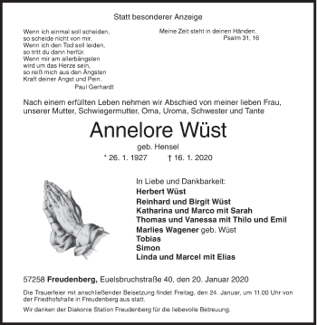 Traueranzeige von Annelore Wüst von Siegener Zeitung