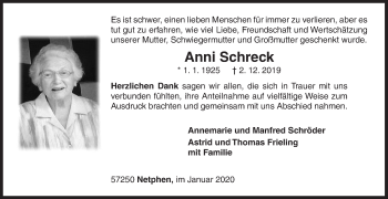 Traueranzeige von Anni Schreck von Siegener Zeitung