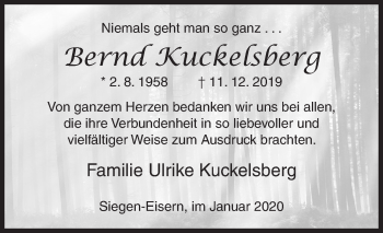 Traueranzeige von Bernd Kuckelsberg von Siegener Zeitung