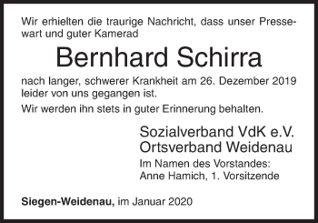Traueranzeige von Bernhard Schirra von Siegener Zeitung