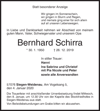 Traueranzeige von Bernhard Schirra von Siegener Zeitung