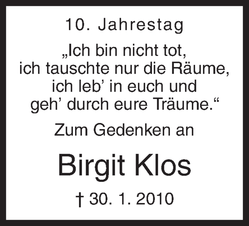 Traueranzeige für Birgit Klos vom 30.01.2020 aus Siegener Zeitung