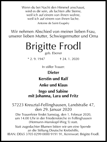 Traueranzeige von Brigitte Frodl von Siegener Zeitung