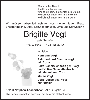 Traueranzeige von Brigitte Vogt von Siegener Zeitung