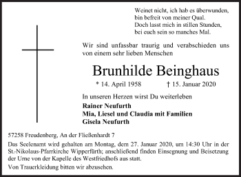 Traueranzeige von Brunhilde Beinghaus von Siegener Zeitung