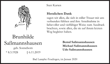 Traueranzeige von Brunhilde Saßmannshausen von Siegener Zeitung