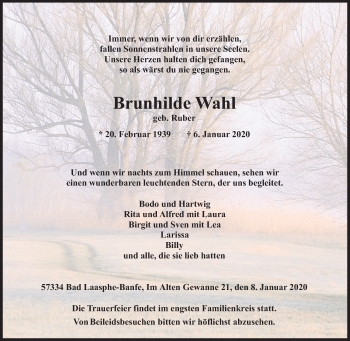 Traueranzeige von Brunhilde Wahl von Siegener Zeitung