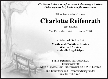 Traueranzeige von Charlotte Reifenrath von Siegener Zeitung