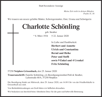 Traueranzeige von Charlotte Schönling von Siegener Zeitung