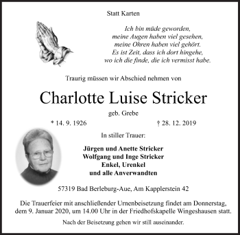 Traueranzeige von Charlotte Luise Stricker von Siegener Zeitung