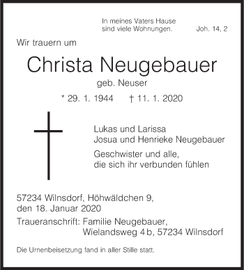 Traueranzeige von Christa Neugebauer von Siegener Zeitung
