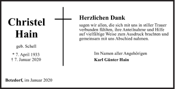 Traueranzeige von Christel Hain von Siegener Zeitung