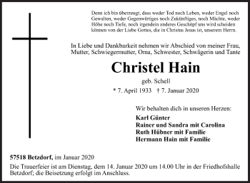 Traueranzeige von Christel Hain von Siegener Zeitung