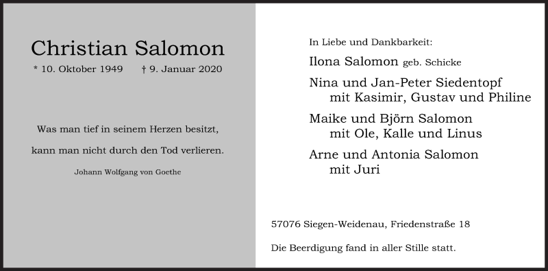  Traueranzeige für Christian Salomon vom 21.01.2020 aus Siegener Zeitung