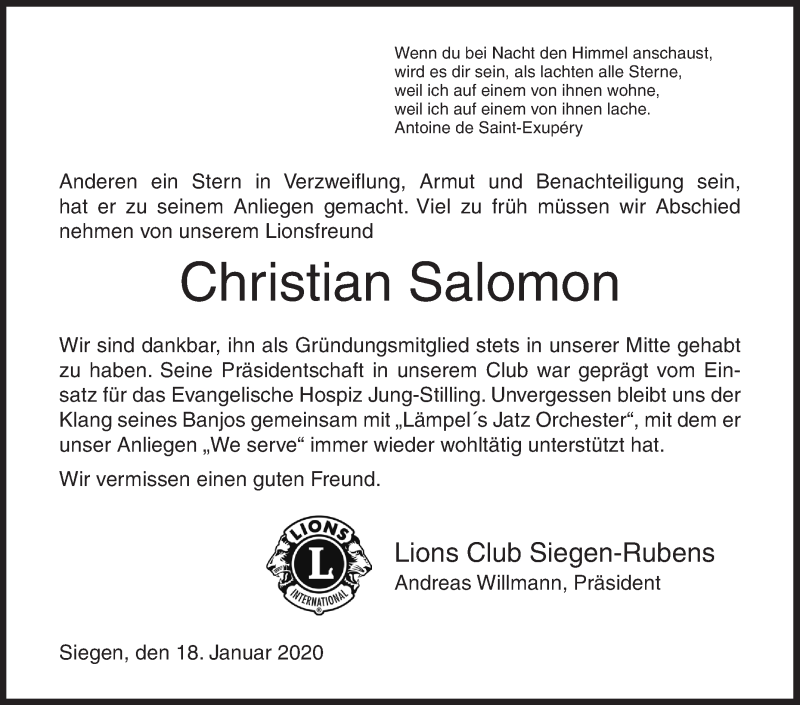  Traueranzeige für Christian Salomon vom 21.01.2020 aus Siegener Zeitung