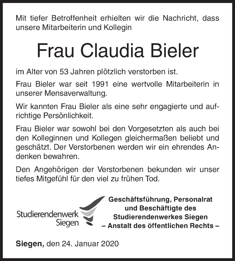  Traueranzeige für Claudia Bieler vom 24.01.2020 aus Siegener Zeitung