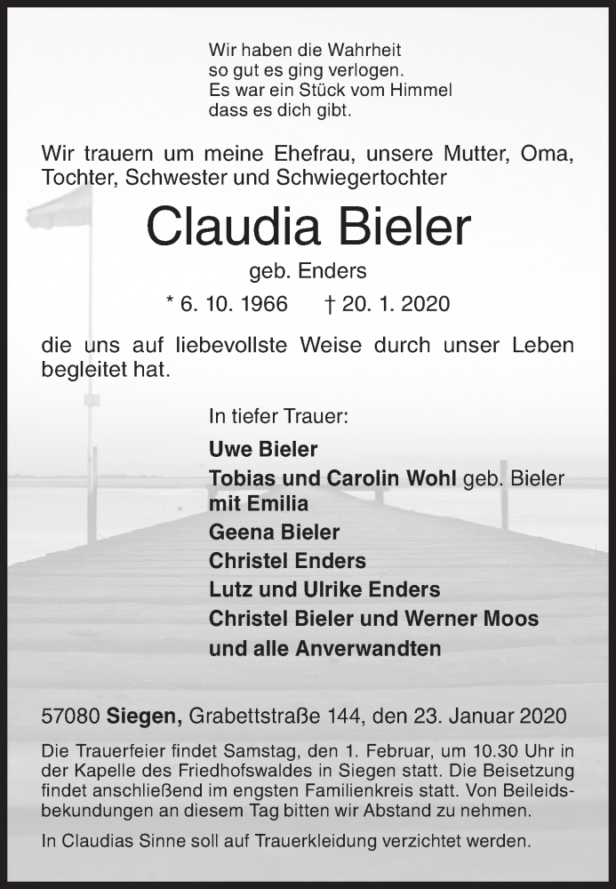  Traueranzeige für Claudia Bieler vom 23.01.2020 aus Siegener Zeitung