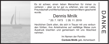 Traueranzeige von Dennis Mnilk von Siegener Zeitung