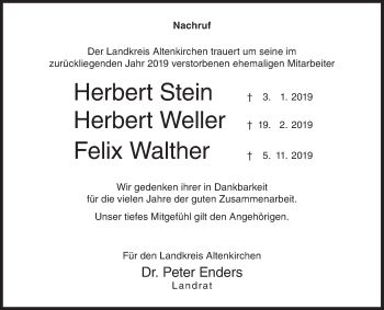 Traueranzeige von Der Landkreis Altenkirchen trauert um seine im zurückliegenden Jahr 2019 verstorbenen ehemaligen Mitarbeiter von Siegener Zeitung