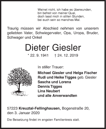 Traueranzeige von Dieter Giesler von Siegener Zeitung