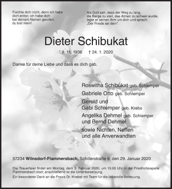 Traueranzeige von Dieter Schibukat von Siegener Zeitung