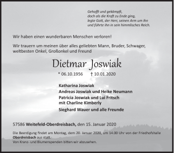 Traueranzeige von Dietmar Joswiak von Siegener Zeitung
