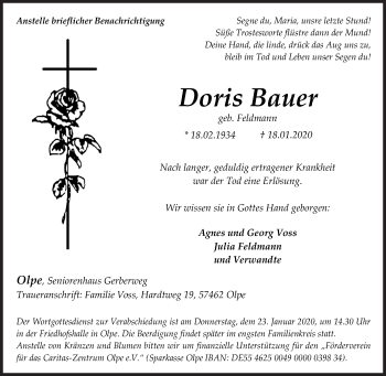 Traueranzeige von Doris Bauer von Siegener Zeitung