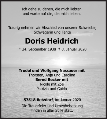 Traueranzeige von Doris Heidrich von Siegener Zeitung