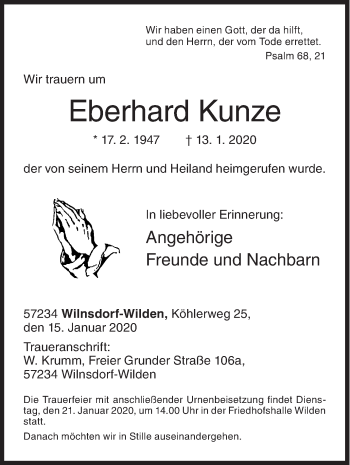 Traueranzeige von Eberhard Kunze von Siegener Zeitung