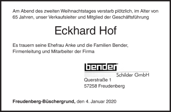 Traueranzeige von Eckhard Hof von Siegener Zeitung