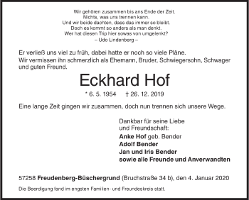 Traueranzeige von Eckhard Hof von Siegener Zeitung