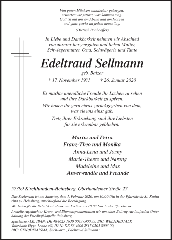 Traueranzeige von Edeltraud Sellmann von Siegener Zeitung