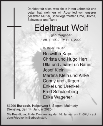 Traueranzeige von Edeltraut Wolf von Siegener Zeitung