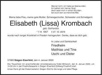 Traueranzeige von Elisabeth  Krombach von Siegener Zeitung