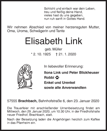 Traueranzeige von Elisabeth Link von Siegener Zeitung