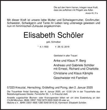Traueranzeige von Elisabeth Schöler von Siegener Zeitung