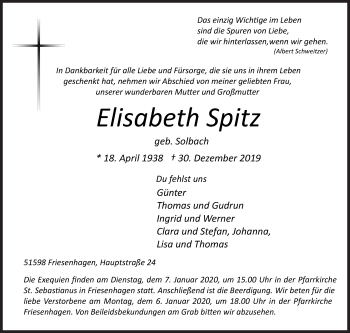 Traueranzeige von Elisabeth Spitz von Siegener Zeitung