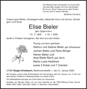 Traueranzeige von Elise Bieler von Siegener Zeitung