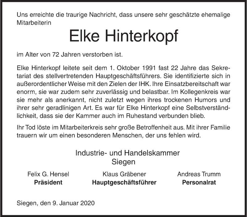  Traueranzeige für Elke Hinterkopf vom 09.01.2020 aus Siegener Zeitung