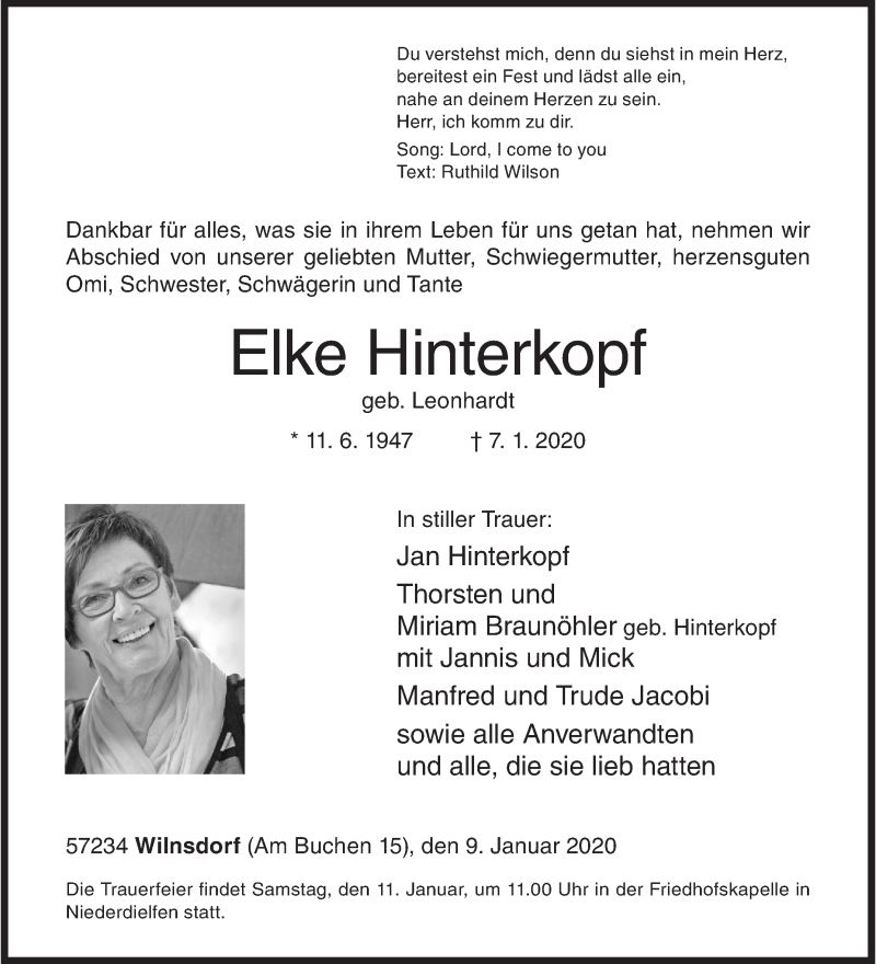  Traueranzeige für Elke Hinterkopf vom 09.01.2020 aus Siegener Zeitung