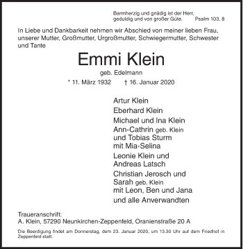 Traueranzeige von Emmi Klein von Siegener Zeitung