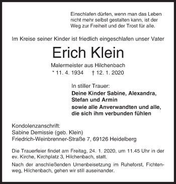 Traueranzeige von Erich Klein von Siegener Zeitung