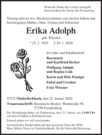 Traueranzeige von Erika Adolph von Siegener Zeitung